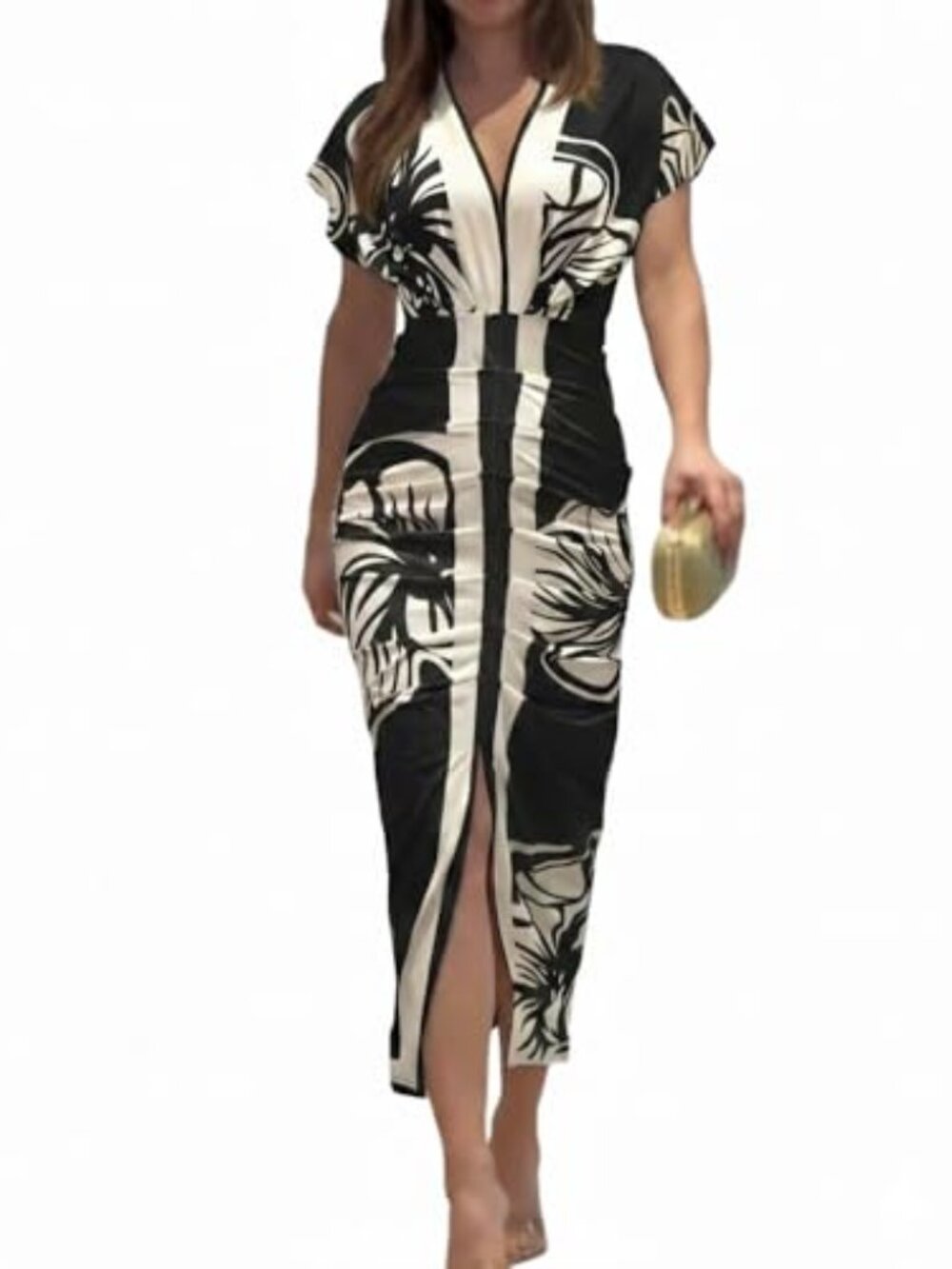 🆕 Summer Dresses for Women Floral Print Plunge V Neck Midi Dress Casual Ruched